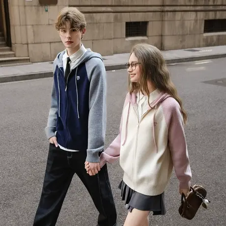 唐狮秋冬季情侣款毛衣插肩袖设计连帽针织开衫潮流毛线衫时尚TM图片