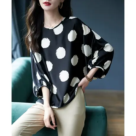 宝诗黎圆领蝙蝠袖雪纺衫女新款2023初秋时尚宽松套头上衣休闲小衫商品大图