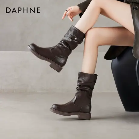 达芙妮棕色堆堆短靴女2026新款冬季加绒美拉德瘦瘦中筒骑士马丁靴商品大图