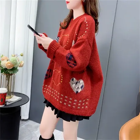 复古红色爱心提花毛衣秋冬2022新款宽松慵懒风设计感软糯针织上衣图片