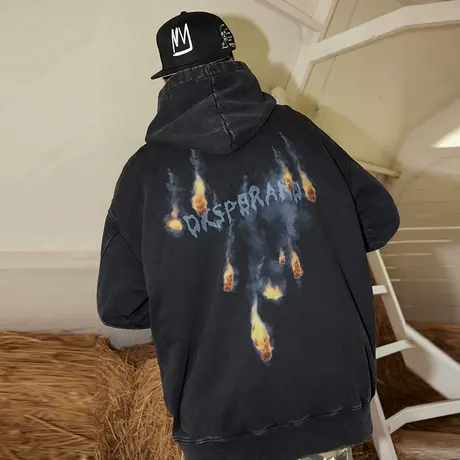 美式复古水洗做旧带帽外套宽松火焰卫衣潮牌男冬季款2023新款帽衫商品大图