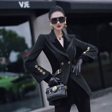 VJE秋冬季女士黑色拼接毛呢西装外套2023新款设计感夹棉呢子西服商品大图
