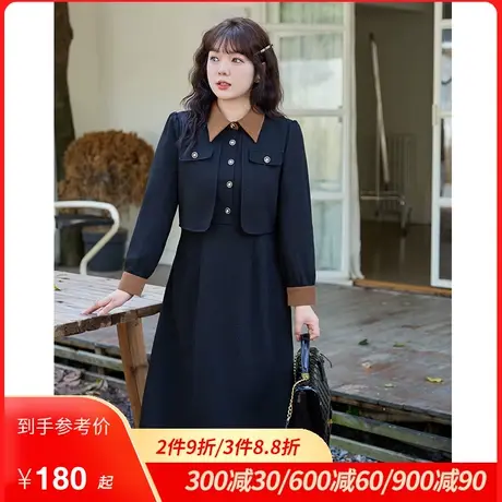 2023秋冬新款加厚法式气质小黑裙子显瘦大码胖MM假两件连衣裙长袖商品大图
