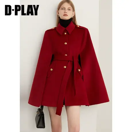 DPLAY2023年冬轻奢名媛气质红色A字斗篷婚礼结婚外套毛呢大衣女商品大图