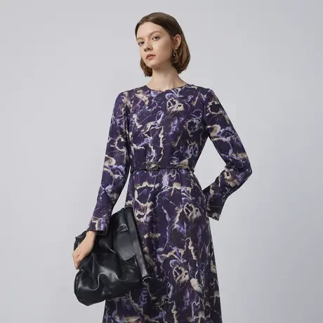 LANCY/朗姿羊毛冬季新款印花连衣裙女中长款收腰显瘦女士裙子图片