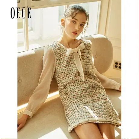 【买1送1】Oece春装女装小香风复古织花圆领修身假两件修身连衣裙图片