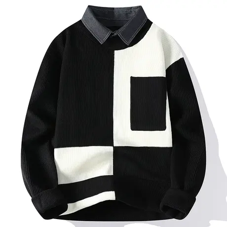 衬衫领毛衣男秋冬款潮牌假两件拼色针织衫青少年毛线衣长袖打底衫商品大图