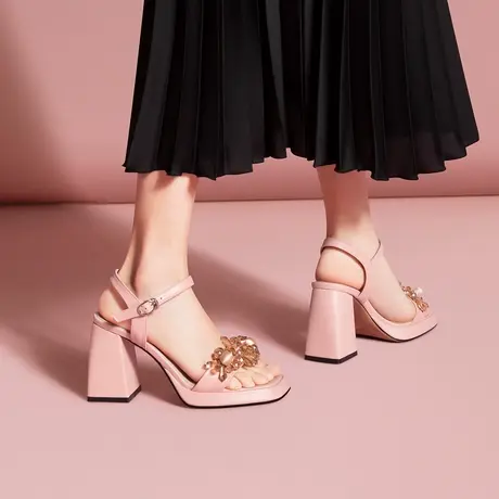 熙漫2023春夏新款时装凉鞋性感露趾防水台高跟鞋舒适粗跟水钻女鞋图片