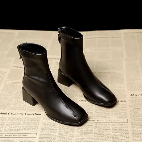 真皮马丁靴女2023年秋冬新款冬季加绒粗跟英伦风中筒切尔西短靴子商品大图