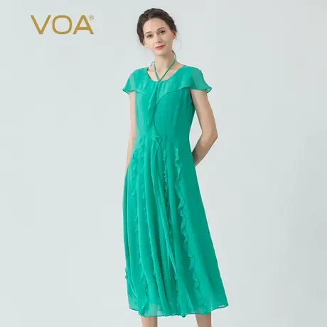 VOA乔其纱桑蚕丝绿色圆领系带荷叶边立体装饰短袖双层真丝连衣裙图片