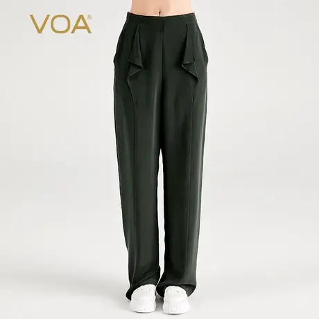 VOA30姆米重磅桑蚕丝深绿自然腰口袋活页直筒宽松简约真丝直筒裤商品大图