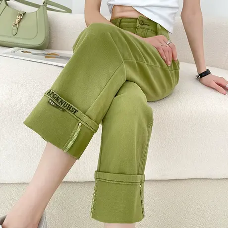 直筒挽边阔腿牛仔裤女春秋新款梨型身材高腰宽松小个子九分烟管裤商品大图