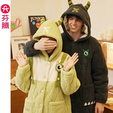 芬腾情侣睡袍女冬季珊瑚绒三层加厚夹棉加绒连帽睡衣男保暖家居服图片