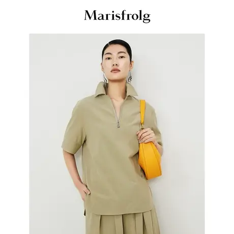 【商场同款】玛丝菲尔2023年夏季新款卡其色翻领蝴蝶刺绣短袖T恤商品大图