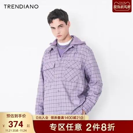 TRENDIANO潮牌官方时尚男装衬衣格子拼接连帽休闲长袖衬衫男士商品大图