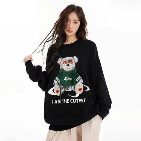 Nuthink美式复古vintage火焰熊毛衣男潮牌ins高街宽松加厚针织衫商品大图