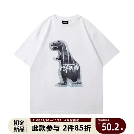2023夏季新款美式潮流恐龙图案印花短袖圆领纯棉T恤男女同款商品大图