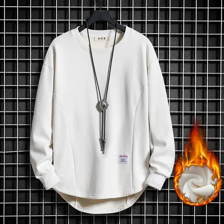 秋冬新款纯棉白色长袖T恤男潮ins上衣宽松纯色内搭加绒卫衣打底衫图片
