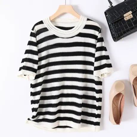 T恤女2023夏季新品韩版宽松圆领条纹短袖套头女百搭上衣针织毛衣商品大图