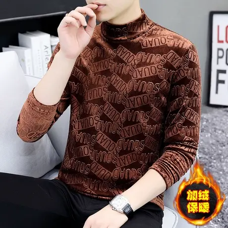 加绒加厚长袖t恤男韩版金丝绒半高领情侣潮牌卫衣冬季保暖打底衫商品大图