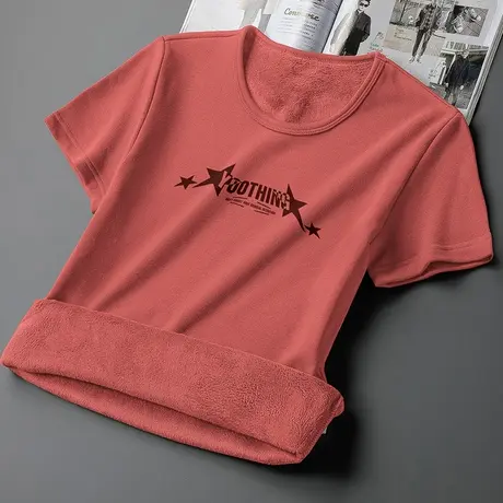 短袖t恤男装潮流印花半袖圆领上衣服秋冬保暖加绒加厚打底衫体恤图片