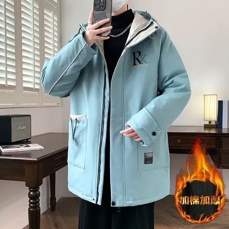 加棉连帽棉衣外套男士冬季中长款宽松保暖棉服青少年潮牌加厚棉袄商品大图