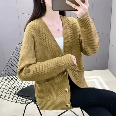 针织开衫女春秋外套新款宽松显瘦大码上衣长袖V领慵懒风毛衫毛衣图片