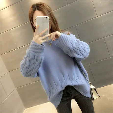 圆领套头纯色毛衣女宽松慵懒风外穿2023时尚秋冬新款韩版百搭线衣商品大图