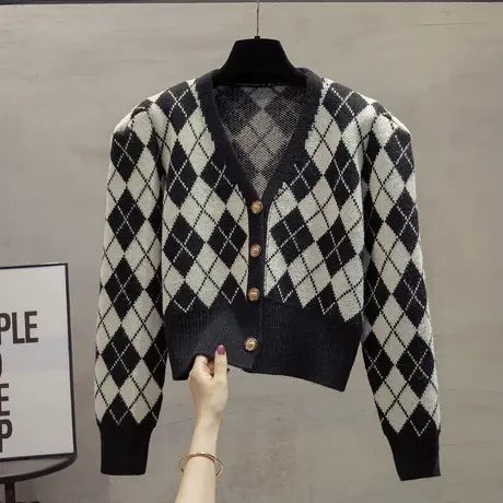 v领短款泡泡袖针织开衫女2023秋装新款外穿上衣外搭菱格毛衣外套商品大图