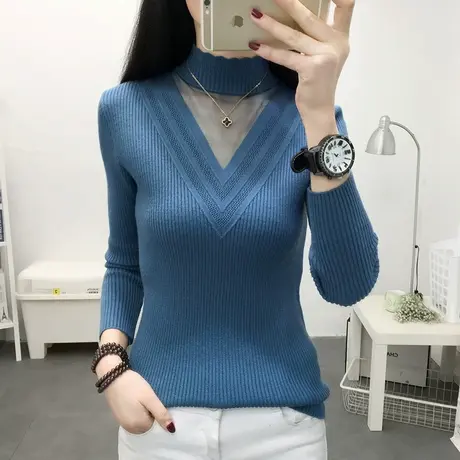 半高领女士毛衣打底衫女2021秋冬新款蕾丝内搭修身针织衫洋气百搭商品大图