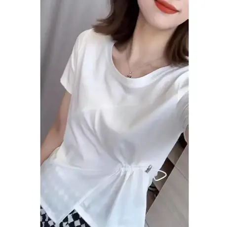 不规则设计感腰部抽褶显瘦短袖T恤女夏季新款百搭别致圆领上衣潮商品大图