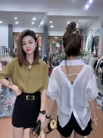 欧货雪纺衬衫女中长款2025夏季新款短袖衬衣韩版宽松百搭露背上衣商品大图