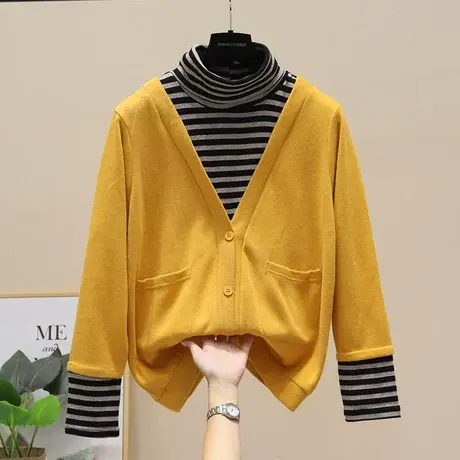 条纹假两件高领卫衣女2023秋装韩版打底V领针织衫长袖拼接上衣薄商品大图