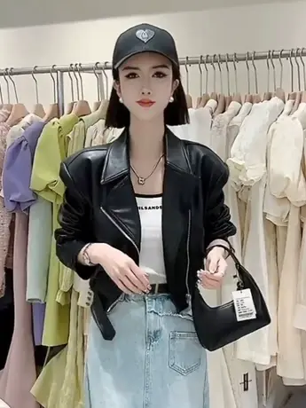欧货西装领短款皮衣短外套女2023年秋新款韩版显瘦街头机车夹克潮图片