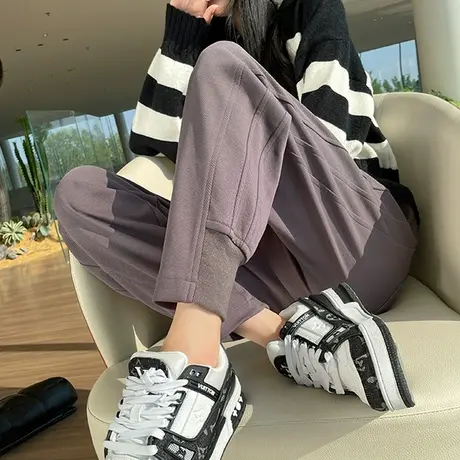 灰色运动裤女2024年春秋新款高腰宽松显瘦九分小个子休闲束脚裤潮商品大图
