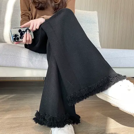 黑色针织阔腿裤女秋冬新款抽绳高腰微喇软糯毛边流苏休闲拖地长裤图片
