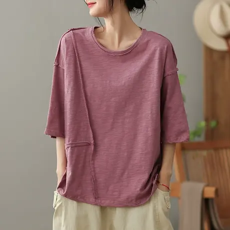 dza复古拼接全棉T恤女2023夏季薄款圆领短袖体恤宽松显瘦打底上衣商品大图