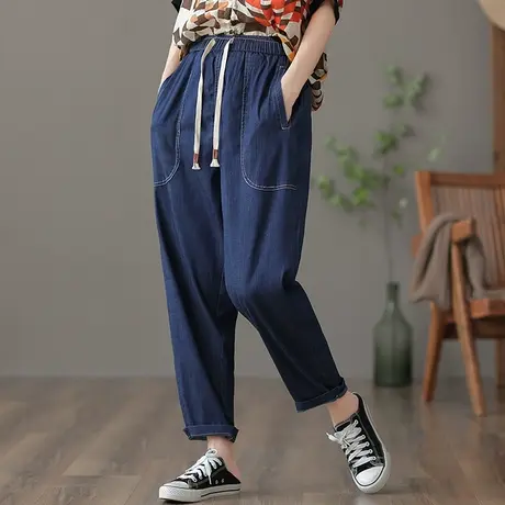 dza 高腰显瘦直筒九分牛仔裤女夏薄款宽松阔腿裤抽绳收脚裤休闲裤图片