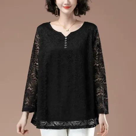 中年妈妈蕾丝衫女春秋新款加肥加大码宽松中长款洋气显瘦V领上衣图片
