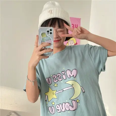 红续2023春夏新款韩版宽松学院慵懒风百搭上衣纯棉短袖T恤女ins潮图片