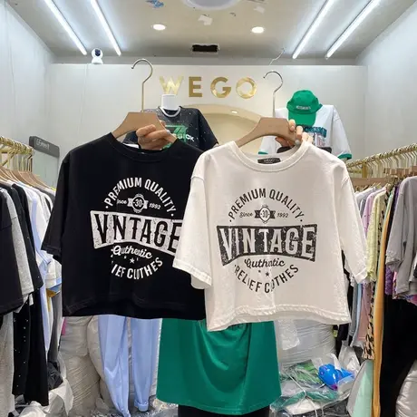 短袖t恤女2021夏季新款韩版ins潮做旧字母印花宽松百搭短款上衣服商品大图