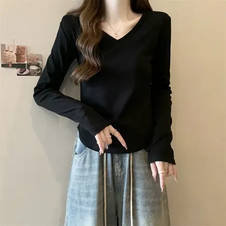 纯欲风短款正肩V领打底衫女德绒保暖秋冬内搭修身加绒加厚长袖T恤图片