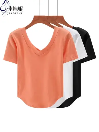 夏季新款韩版双V领纯棉下摆圆弧纯色修身纯欲短袖上衣内搭女T恤商品大图