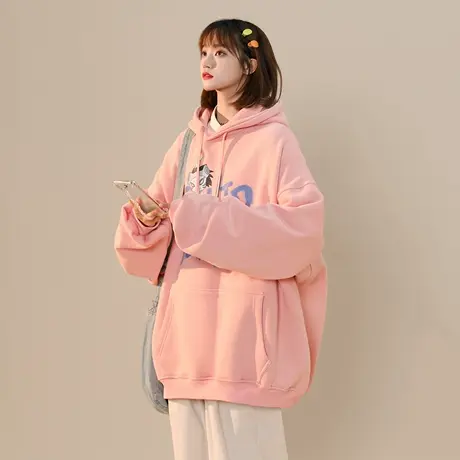大码国潮连帽卫衣女秋冬加厚加绒韩版oversize宽松慵懒风炸街外套商品大图