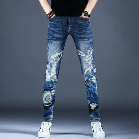 轻奢潮牌牛仔裤男款小脚修身秋冬美式高街新款高档弹力潮流裤子男图片
