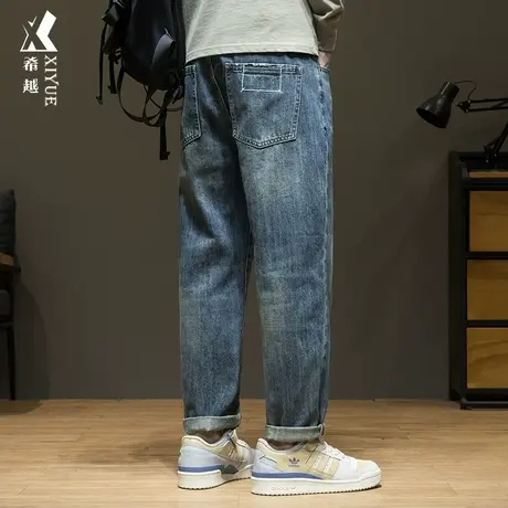 希越复古绣花牛仔裤男士宽松大码设计感磨破休闲裤2023秋冬长裤子商品大图