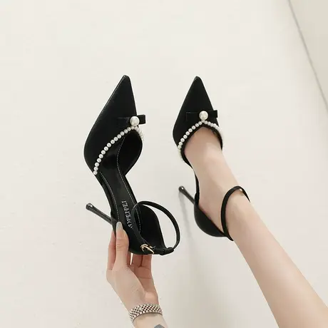 性感少女尖头高跟鞋女细跟2024年春季新款尖头一字扣珍珠宴会单鞋商品大图