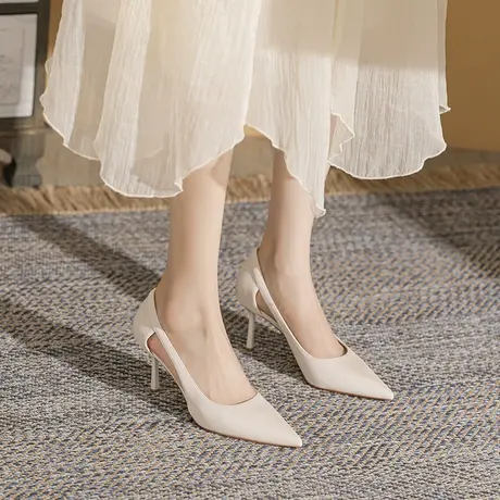 2024年夏季新款一字带高跟鞋女细跟金属搭扣百搭气质方头露趾凉鞋图片