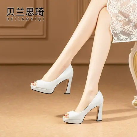 真皮厚底粗跟鱼嘴鞋女2025夏季新款软皮米白色防水台高跟凉鞋图片