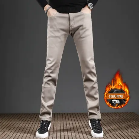 香港卡其色加绒牛仔裤男款修身直筒秋冬2023新款弹力男士裤子冬季商品大图